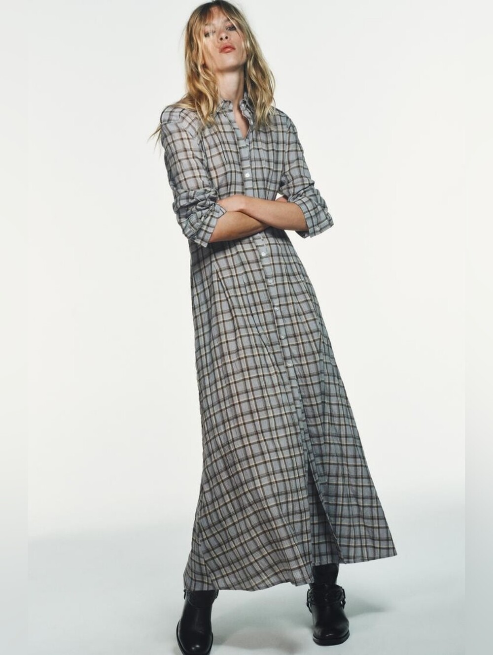 Zara Blue and Brown Plaid Shirt Dress